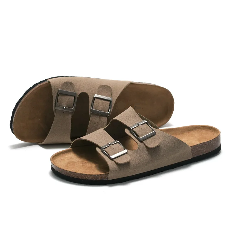 Men Cork Slippers Leather Mule Clogs Slippers Soft Cork Two Buckle Slides Footwear