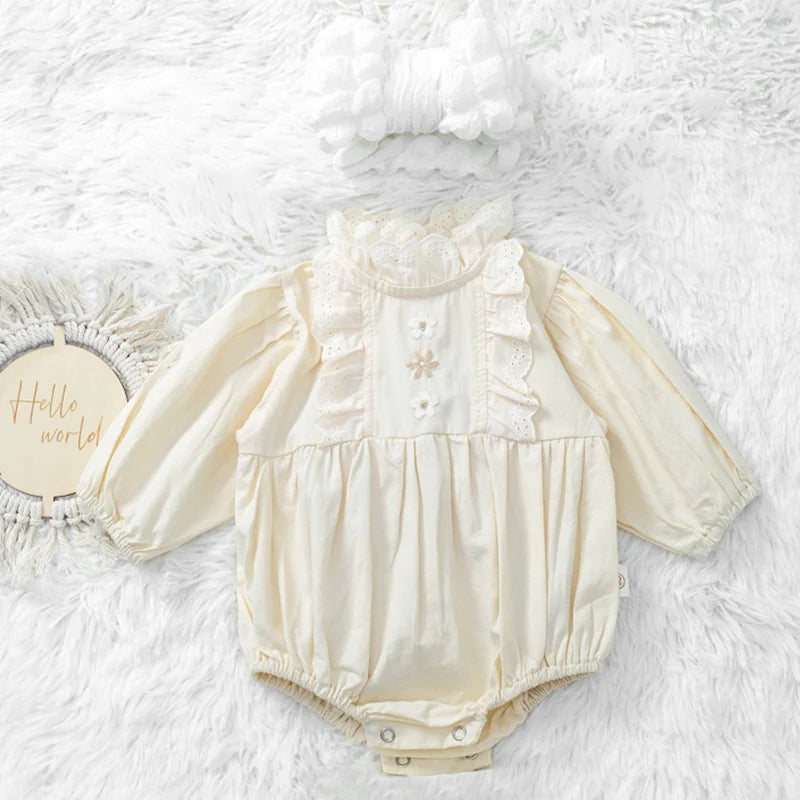 Exquisite Lace Romper for Girl Flower Embroidery Cotton Bodysuit Infant Cute Outfit Solid Headwraps Set
