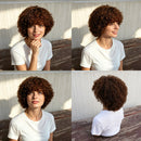 Collage of a woman with curly hair sitting on a wooden bench, Obroi