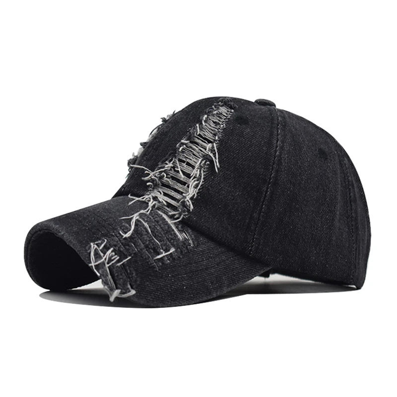 Vintage Washed Denim Baseball Cap Distressed Ripped Hole Breathable Visor Outdoor Adjustable Snapback Hat