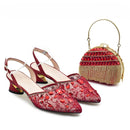 Red embellished shoes with a matching handbag on a white background, Obroi