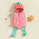 A baby outfit laid flat on a light beige background, featuring a pink hooded vest with a strawberry print, striped green and white leggings, and mint green booties. A small orange toy crab and pink pom-pom props are placed beside the outfit, Obroi