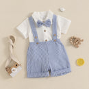 Baby Boy Gentleman Outfit Solid Color Short Sleeve Lapel Neck Romper with Stripe Suspender Shorts and Bowtie