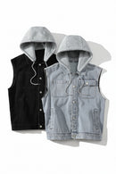 Men Spring Summer Autumn Denim Vest Jacket Teenagers Black Leisure Hooded Vests Coat Waistcoat