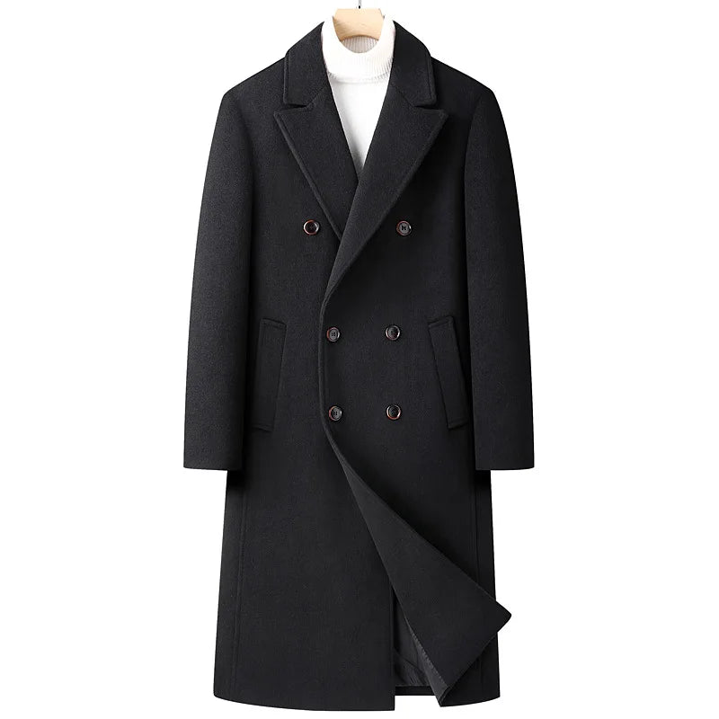 Mens Wool Blend Trench Coat Autumn Winter Double Breasted Long Pea Coat Casual Notched Lapel Classic Overcoat Man