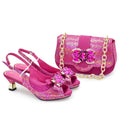 Pink high-heeled shoes and matching handbag with decorative elements on a white background, Obroi