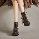 Women Boots Round Toe Block Heels 6.5cm Platform Zipper Lace Retro Ankle Bota