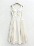 Spliced Shirring Dresses for Women Square Neck Sleeveless High Waist Casual Dress Female Clothing