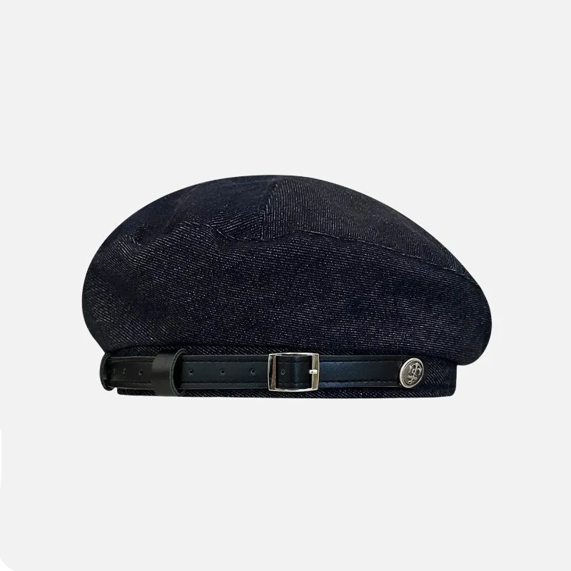 Black denim cap with a belt and buckle on a white background, featuring 'Obroi' branding.