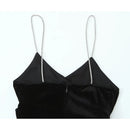 Sexy Women Shiny Strap Black Velvet Midi Dresses Front Ruching Slit Hem Female Christmas Party