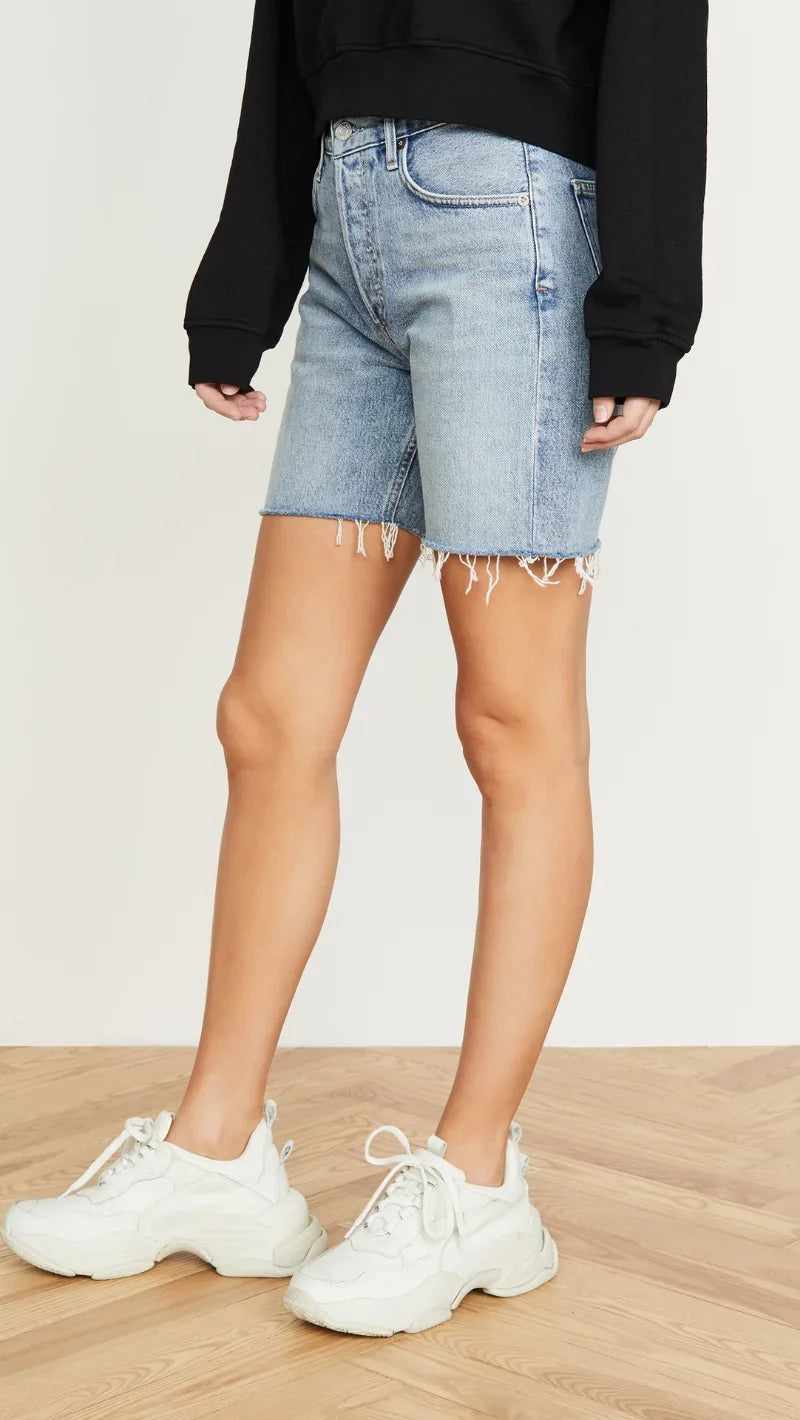 Quarter Pants Europe and America High Waist Scattered Edge Quarter Denim Shorts Women