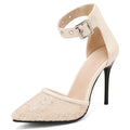 Beige high-heeled shoe with lace detail on a white background, Obroi