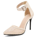 Beige high-heeled shoe with lace detail on a white background, Obroi