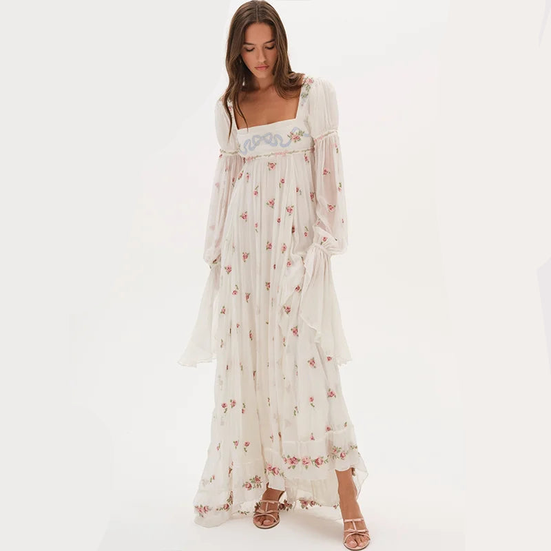 Dress Women's Long Puff Sleeve Empire Waist Chiffon Flowy Boho Wedding