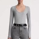 Classic Tee Ribbed Knitted Cotton Top U-Neck T-Shirt For Women