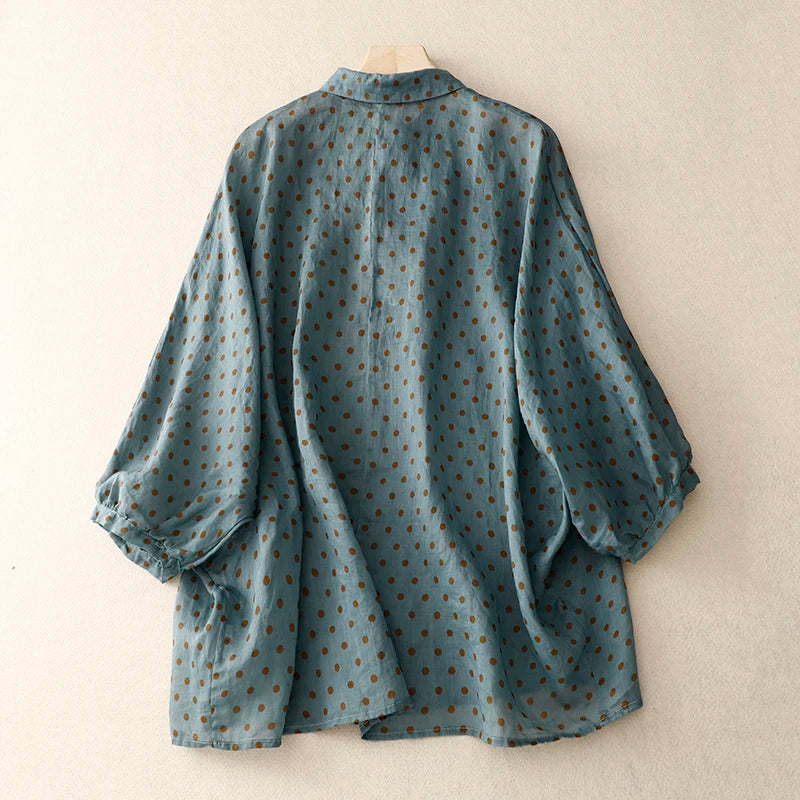 Summer Ethnic Literary Polka Dot Blouse Thin Women Hemp Shirts Casual Loose Tops