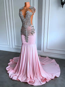 Pink Dresses Sheer Mesh Top Luxury Sparkly Silver Diamond Black Girls Pink Prom Formal Party Gowns