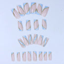 Marble Fake Nail Design With Glossy Gold Glitter Nail Coffin Acrylic Nail White Blue Whirlpool Women'S Nail