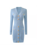 Women's Long Sleeve Sexy Deep V Neck Single Breasted Knitted Dress
