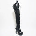 Boots Women Black Side Zipper Thin High Heels Round Toe Front Strap Lace Up Platform Thigh Boots