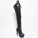 Boots Women Black Side Zipper Thin High Heels Round Toe Front Strap Lace Up Platform Thigh Boots