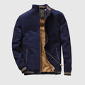 Navy blue jacket with brown lining on a light gray background, featuring the brand 'Obroi'.
