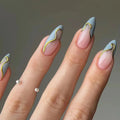 Nails with light blue and pink design on a neutral background , Obroi