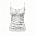 A white camisole tank top with a light gray leopard print pattern, featuring a small button placket at the neckline and a scalloped lace hem, Obroi