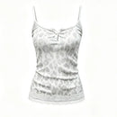 A white camisole tank top with a light gray leopard print pattern, featuring a small button placket at the neckline and a scalloped lace hem, Obroi