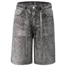 Gray denim shorts with rhinestone accents on a white background, Obroi