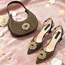 Italian Inspired Rhinestone HAND CRAFTED UPPER Pointed Toe Women High Heels Shoes and Bag Set