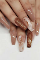 Nails with glittery and glossy designs on a white background, Obroi