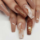 Nails with glittery and glossy designs on a white background, Obroi