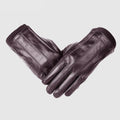 Pair of brown leather gloves on a light gray background with 'Obroi' branding.