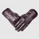 Pair of brown leather gloves on a light gray background with 'Obroi' branding.