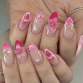 24PCS Pink Almond Press on Nails Full Cover Carved Flower Ripples French Nails for Women with Golden Pearl Wearable Nail