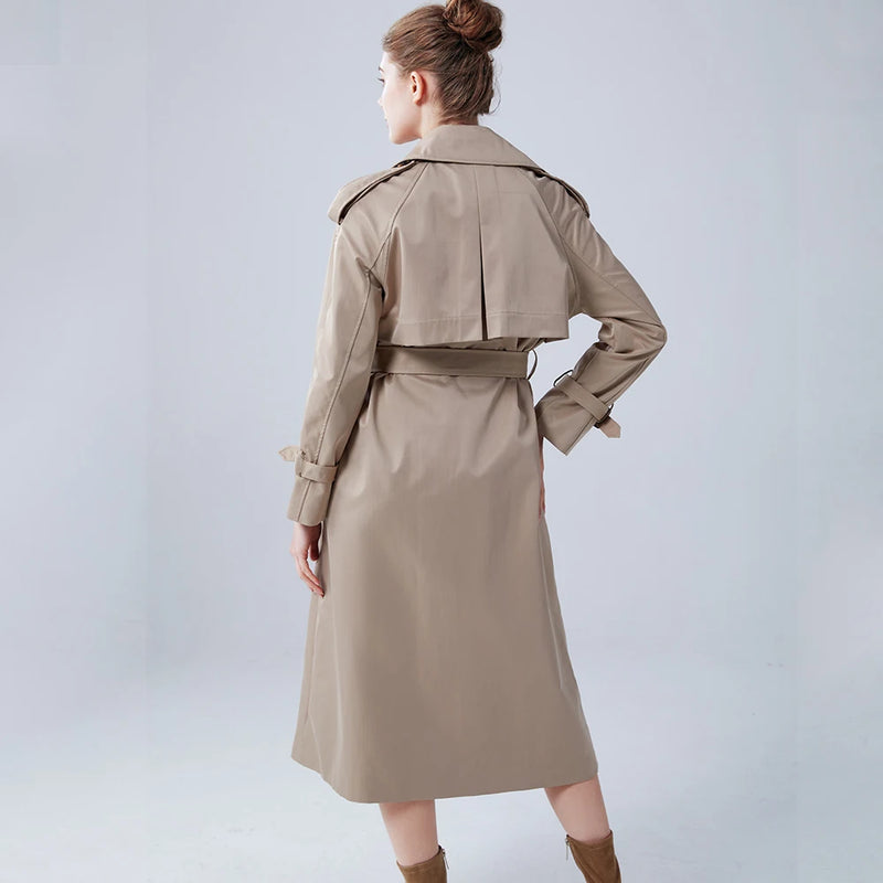 Autumn Winter Classy Design Luxury Quality European Straight Belt Pockets Women Chic Trench Long Coat