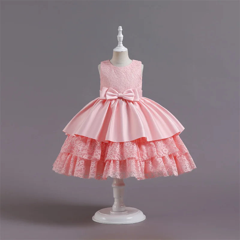 Girls Flower Dresses For Wedding and Party Kids Princess Lace Bowknot Birthday Performance Costumes Children Clothing