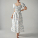 Spliced Elastic Elegant Dresses for Women Square Collar Puff Sleeve Dress Female