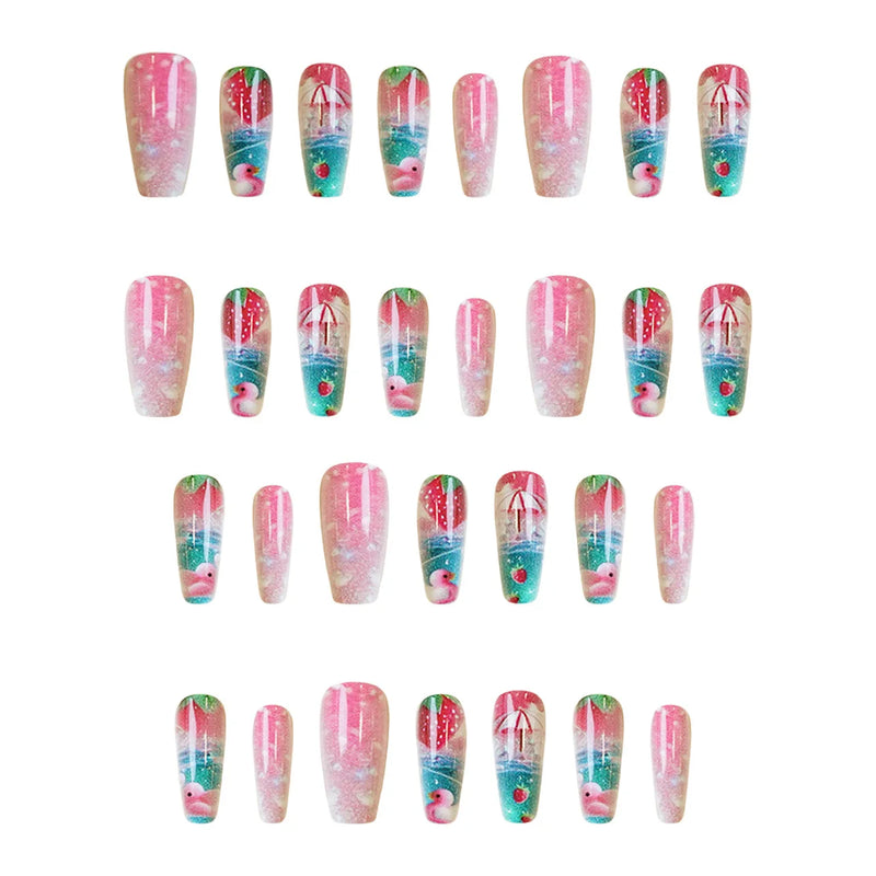 24pcs Fresh Summer Day Nails Long Almond Designs Press On Nails Blue Ocean French Sweet Nail Tip