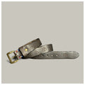 Brown leather belt with brass buckle on a light gray background, Obroi