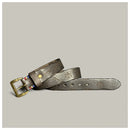 Brown leather belt with brass buckle on a light gray background, Obroi