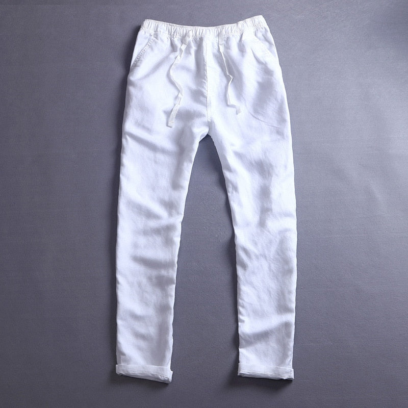 Linen Solid Blue Elastic Waist Straight Loose Trousers Summer Breathable Drawstring Men Clothing