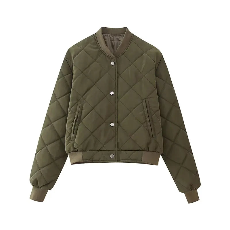 Vintage Quilted Cropped Bomber Jacket For Women Long Sleeve Single Breasted Autumn Outfits Female Army Green Outerwear