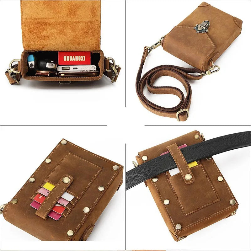 Men Genuine Leather Waist Bag Leather Small Sling Bag Waist Pack Real Leather Shoulder Bag