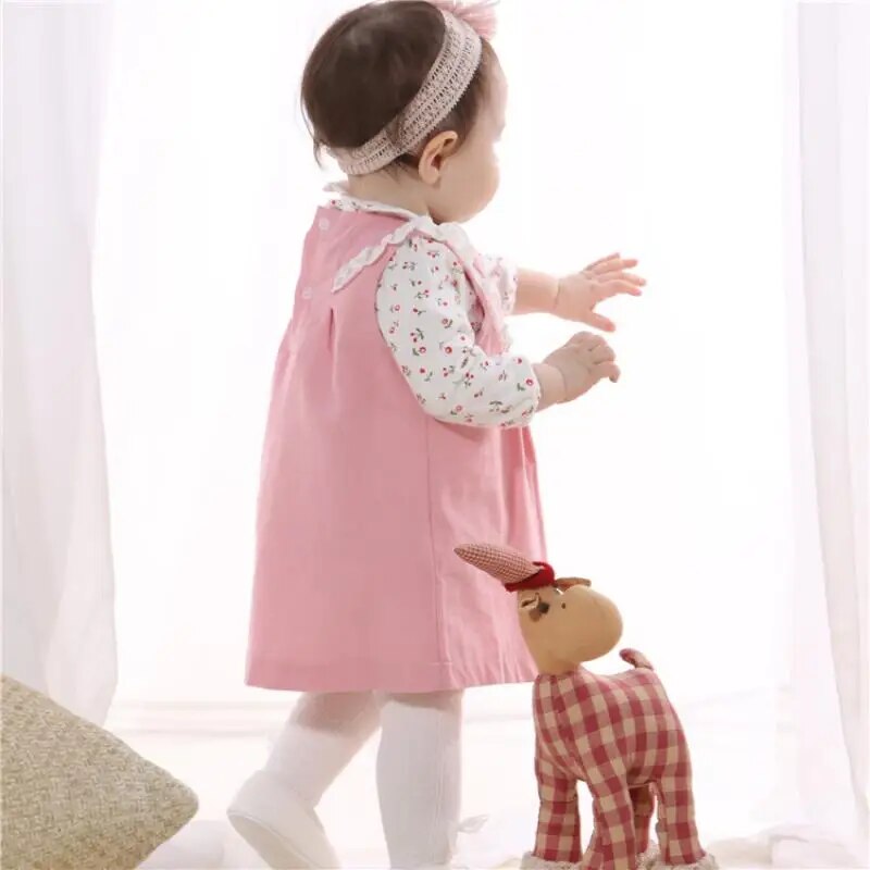 Baby Girls Dress Set Kids Floral Cotton Shirts Lace Pink Dress Children First Birthday Wear