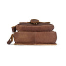 Brown leather bag with a strap on a white background, featuring the Obroi brand.