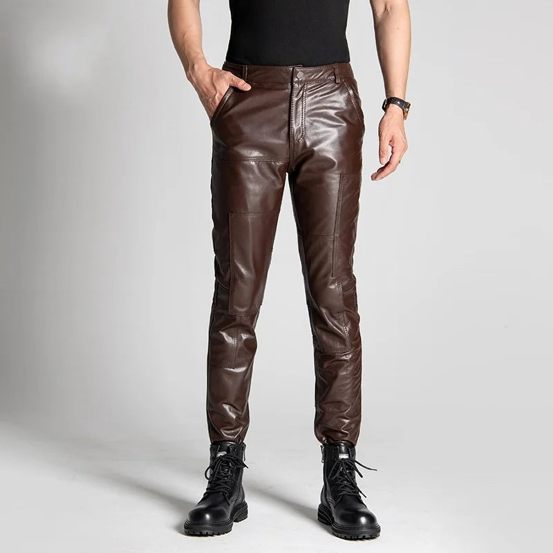 Winter Men's Leather Pants Male Casual Motorcycle Biker Trousers Windproof Warm Pencil Pants