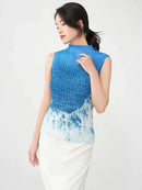 Women's Half-neck Gradient Pleated Tops Sleeveless Slim-fit  Female Summer