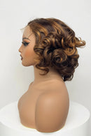Three views of a styled wig with brown and blonde hair on a white background, Obroi